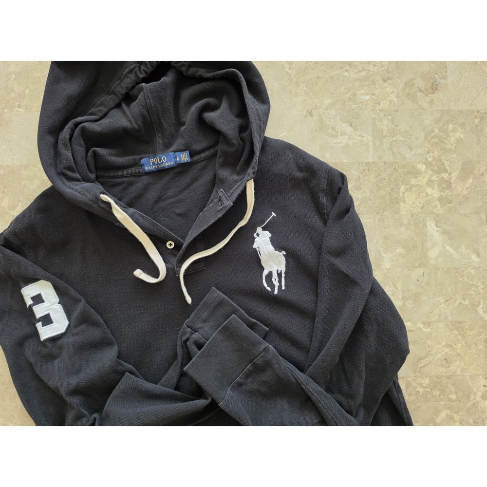 POLO RALPH LAUREN Hoodie #3 Cotton Big Pony Black White Pullover Mens Large